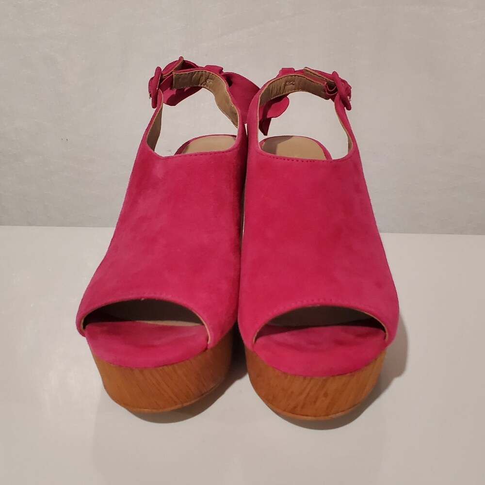 Anthropologie Bow Back Suede Leather Wood Wedge Sandal Size 6M Hot Pink Open Toe